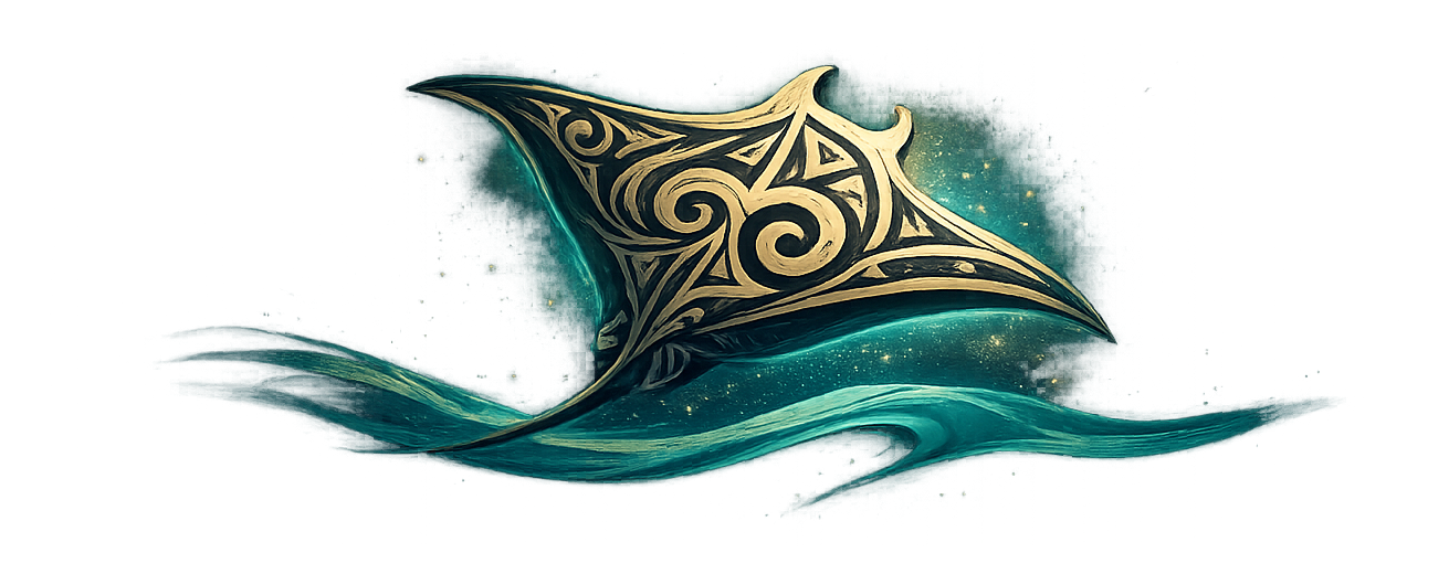Illustration Rainui : raie manta polynésienne glissant sur une vague turquoise